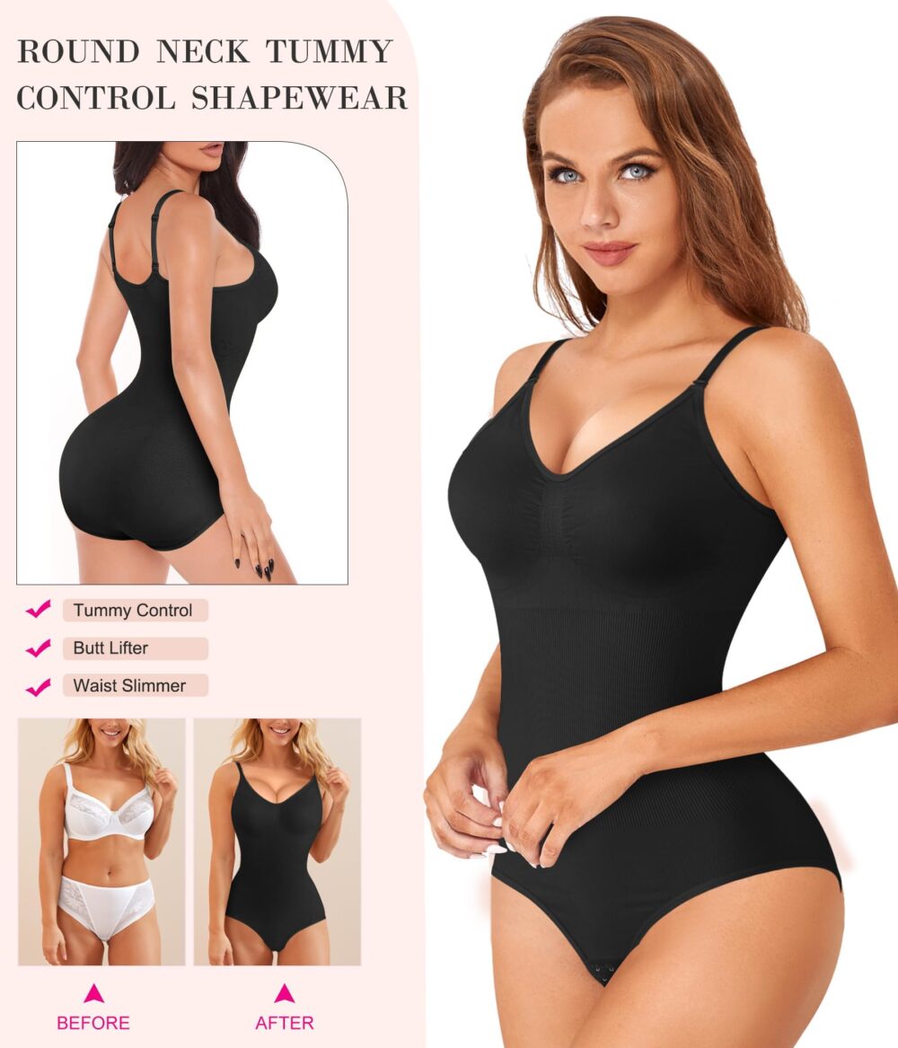 Womens' Waist Trainer Seamless Round Neck Tummy Control Shapewear Bodysuit - Image 4